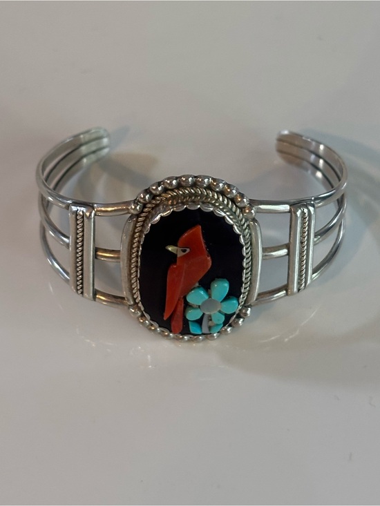 Zuni Jewelry - Vintage Zuni Sterling Silver Inlay Cardinal Cuff Bracelet Signed KC NM Turquoise